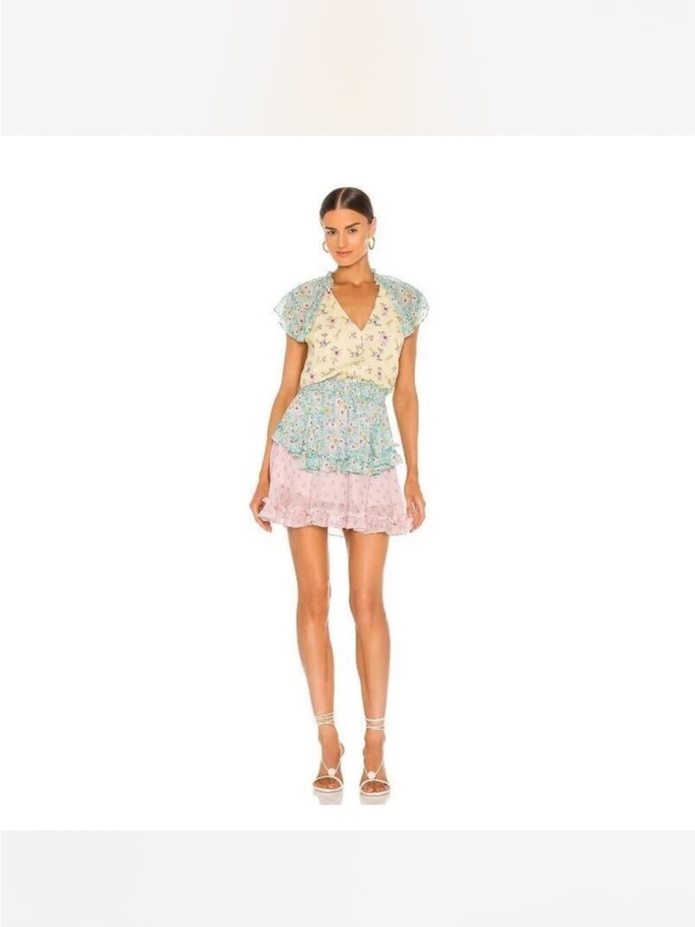 Yumi Kim Pastel Tiered Floral Midi Dress in Yellow, Mint & Pink